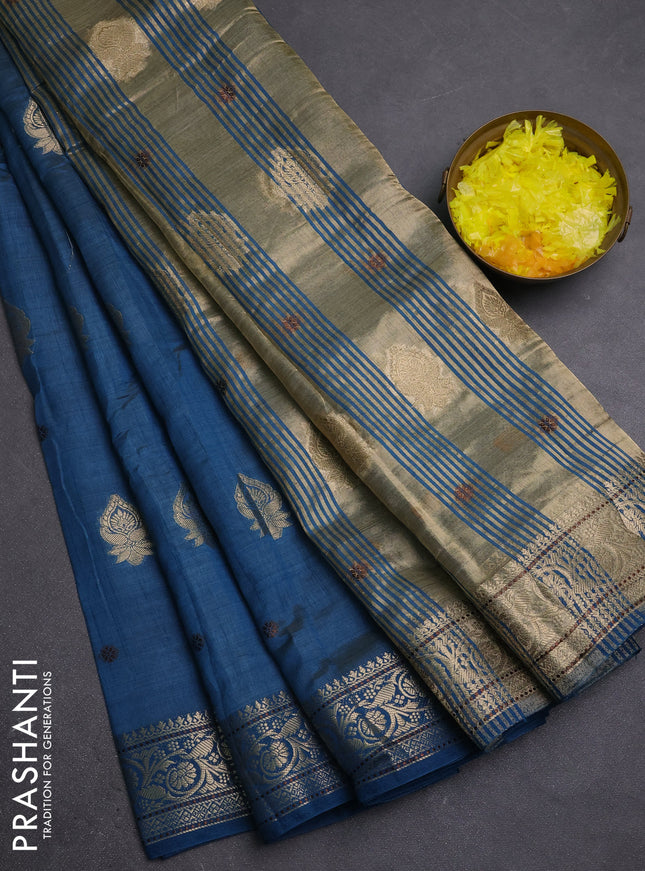 Semi raw silk saree peacock blue with allover thread & zari woven buttas and zari woven border