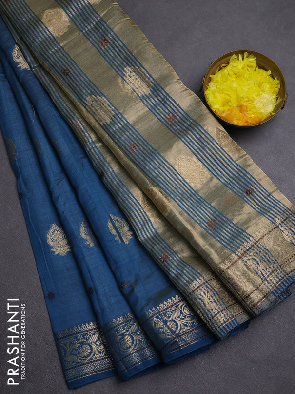 Semi raw silk saree peacock blue with allover thread & zari woven buttas and zari woven border