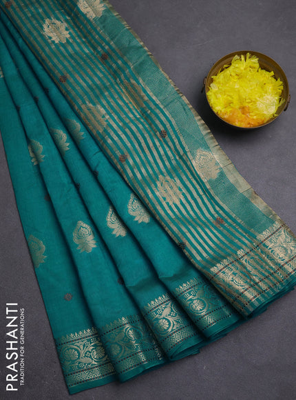 Semi raw silk saree teal blue with allover thread & zari woven buttas and zari woven border