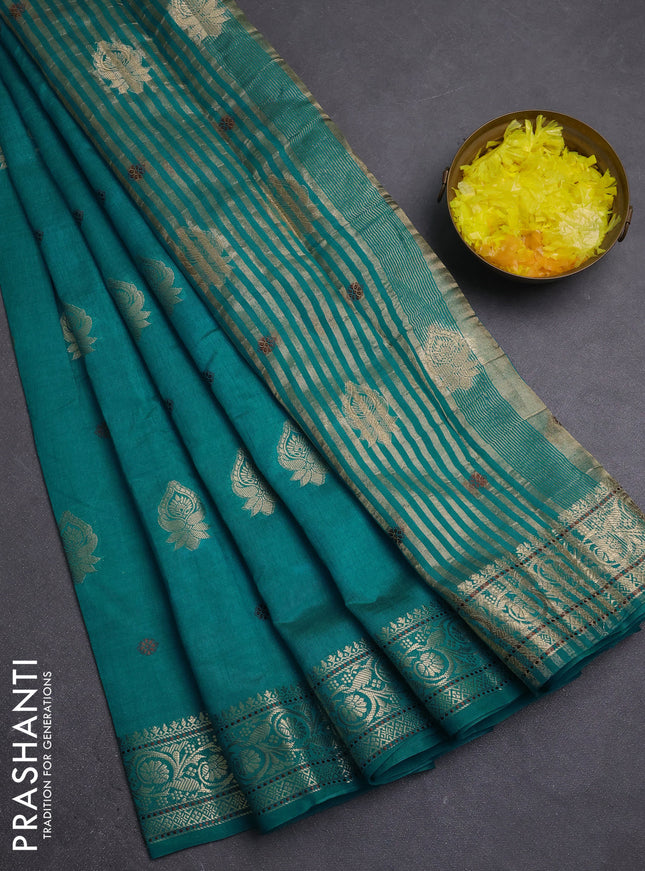 Semi raw silk saree teal blue with allover thread & zari woven buttas and zari woven border