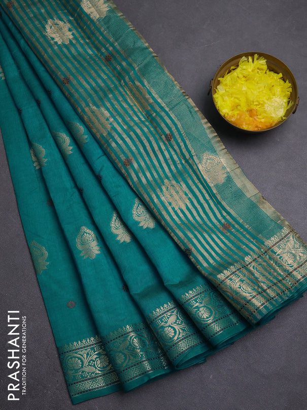 Semi raw silk saree teal blue with allover thread & zari woven buttas and zari woven border