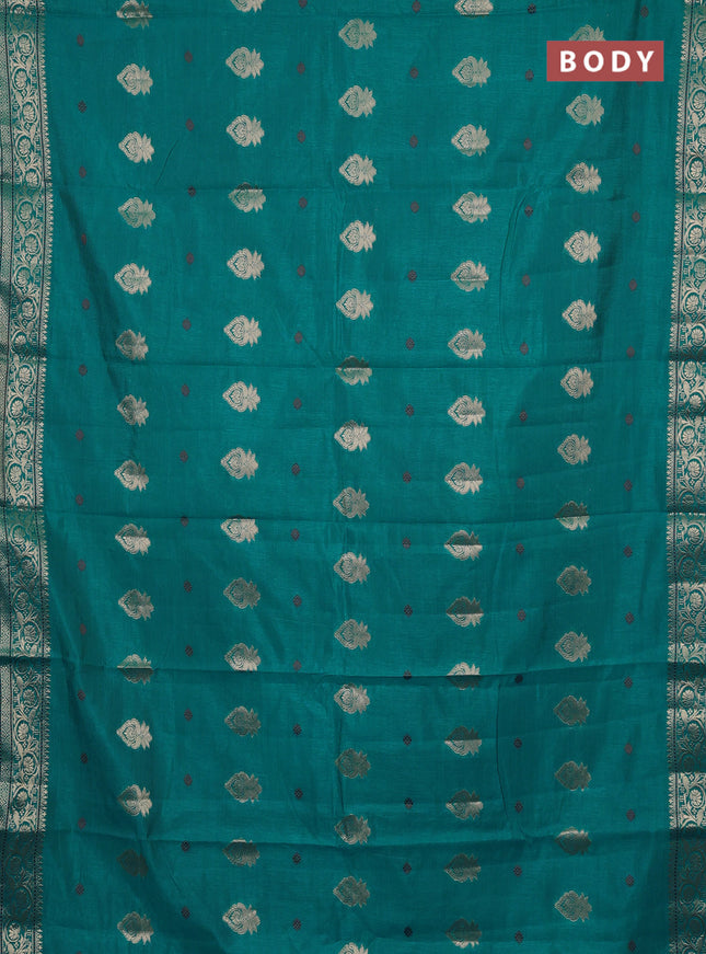 Semi raw silk saree teal blue with allover thread & zari woven buttas and zari woven border