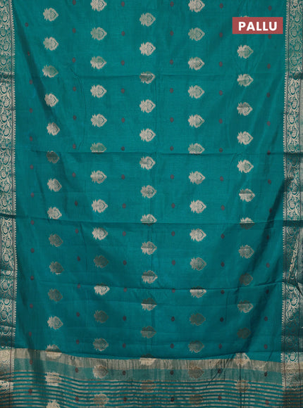 Semi raw silk saree teal blue with allover thread & zari woven buttas and zari woven border