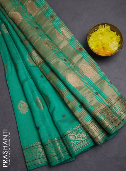 Semi raw silk saree teal green with allover thread & zari woven buttas and zari woven border