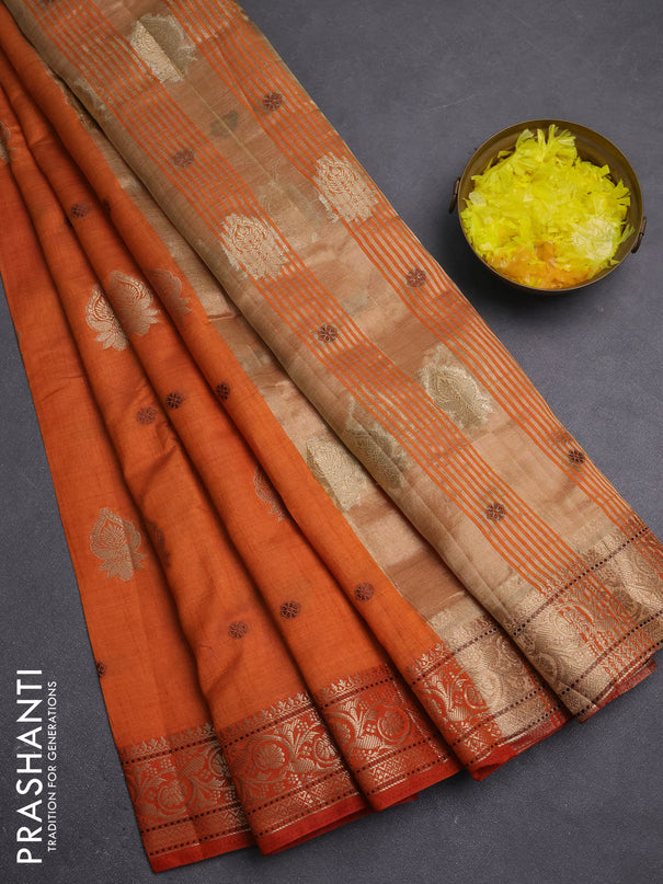 Semi raw silk saree rust shade with allover thread & zari woven buttas and zari woven border