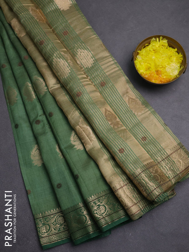 Semi raw silk saree green with allover thread & zari woven buttas and zari woven border