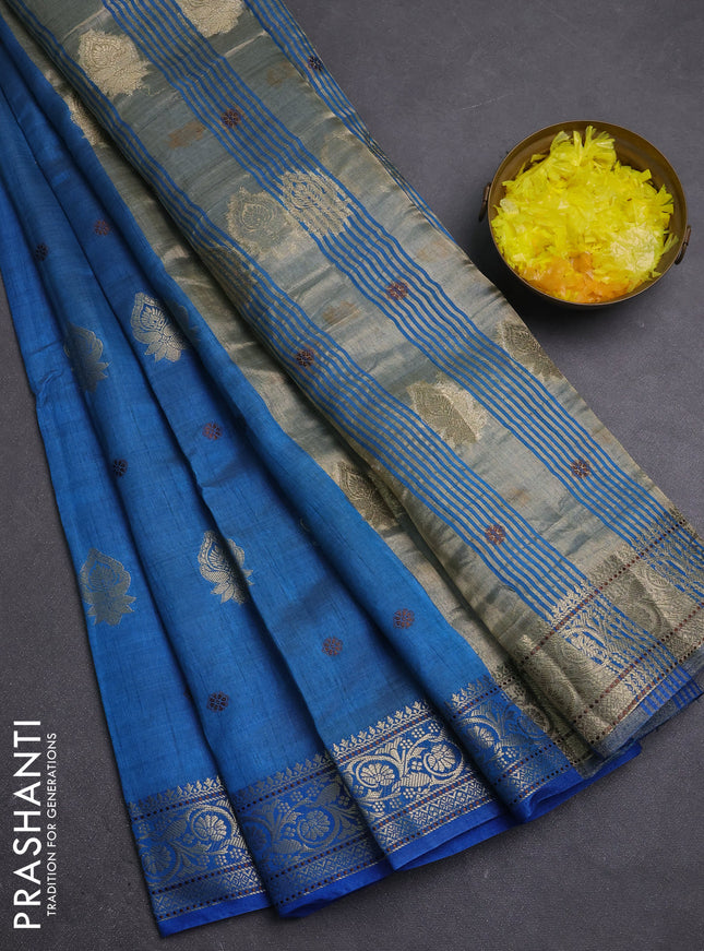 Semi raw silk saree blue with allover thread & zari woven buttas and zari woven border