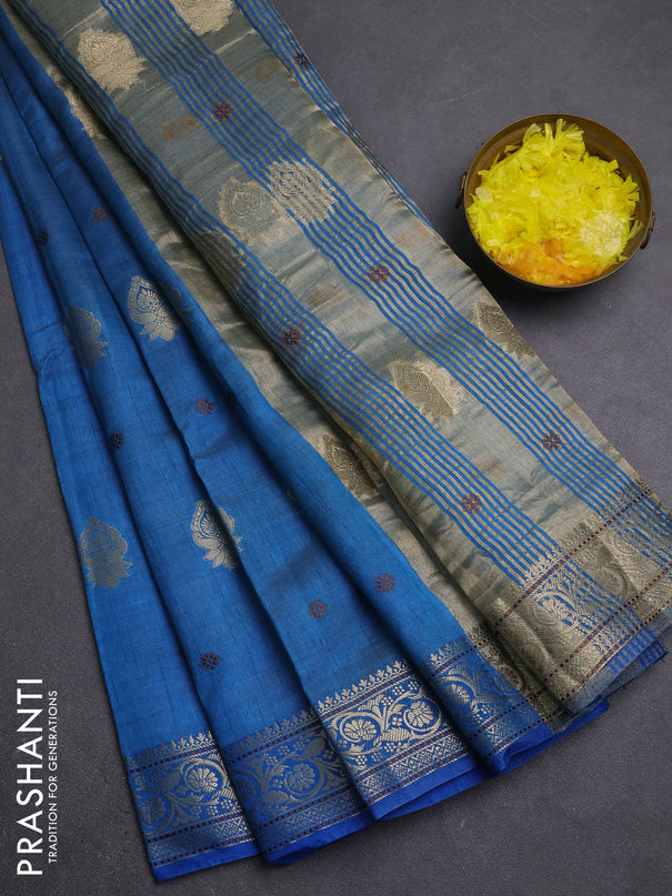 Semi raw silk saree blue with allover thread & zari woven buttas and zari woven border
