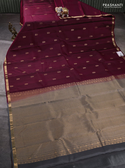 Pure kanchipuram silk saree wine shade and grey with zari woven buttas and small zari woven border