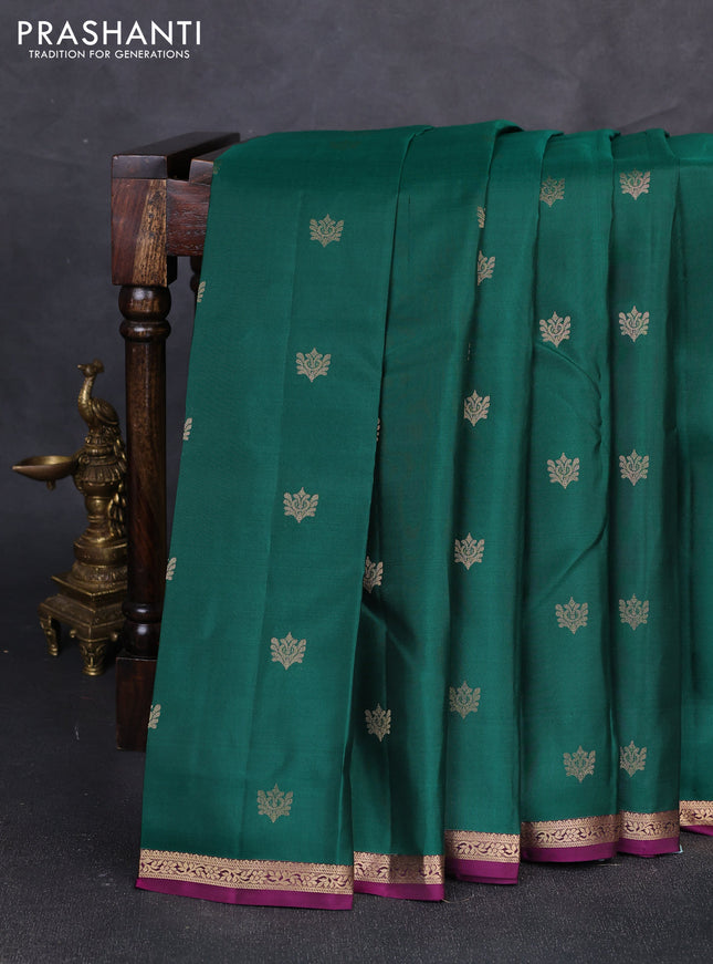 Pure kanchipuram silk saree green and magenta pink with zari woven buttas and small zari woven border