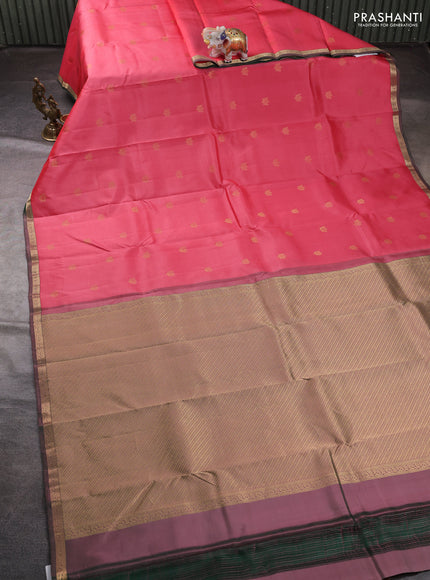 Pure kanchipuram silk saree peach pink and green with zari woven buttas and small zari woven border