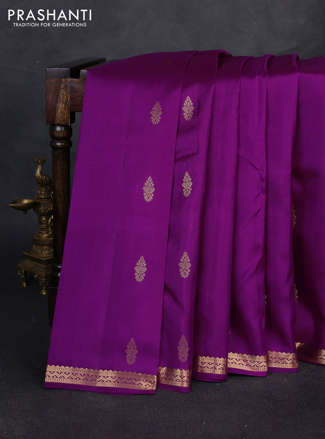 Pure kanchipuram silk saree purple and teal green with zari woven buttas and small zari woven border