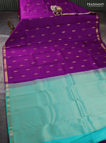Pure kanchipuram silk saree purple and teal green with zari woven buttas and small zari woven border