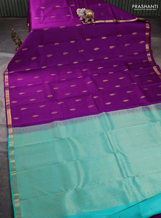 Pure kanchipuram silk saree purple and teal green with zari woven buttas and small zari woven border