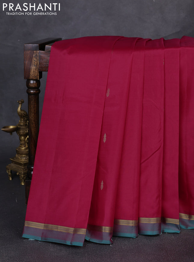 Pure kanchipuram silk saree tomato pink and teal green with zari woven buttas and zari woven simple border