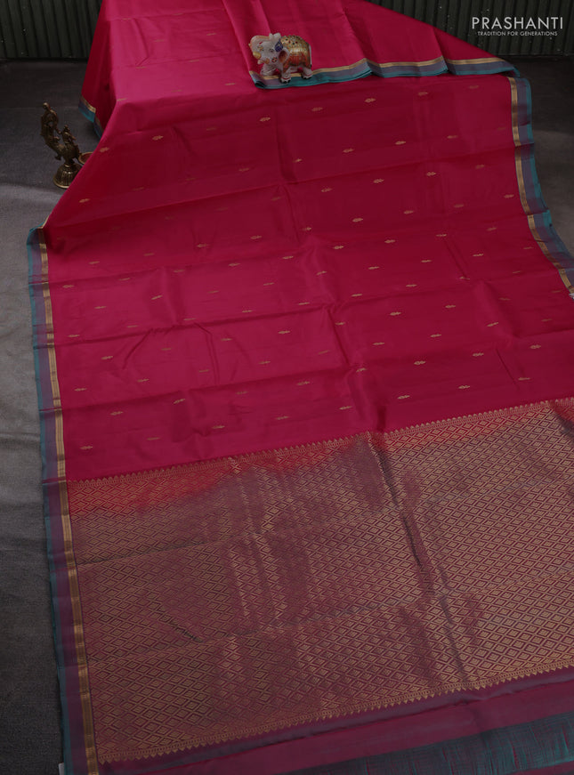 Pure kanchipuram silk saree tomato pink and teal green with zari woven buttas and zari woven simple border