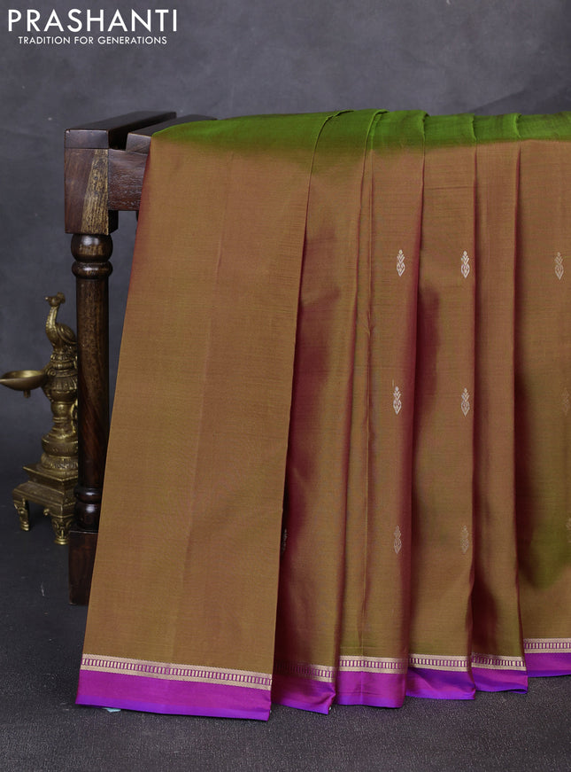 Pure kanchipuram silk saree manthulier green and purple with zari woven buttas and zari woven simple border