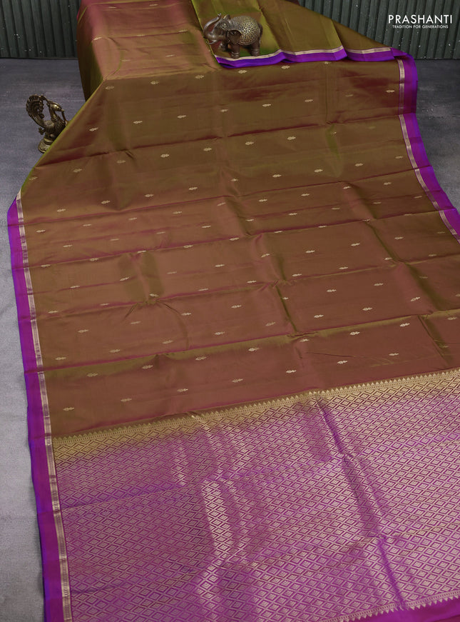 Pure kanchipuram silk saree manthulier green and purple with zari woven buttas and zari woven simple border