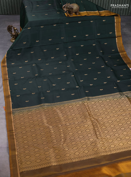 Pure kanchipuram silk saree bottle green and mustard yellow with allover zari woven buttas and zari woven simple border