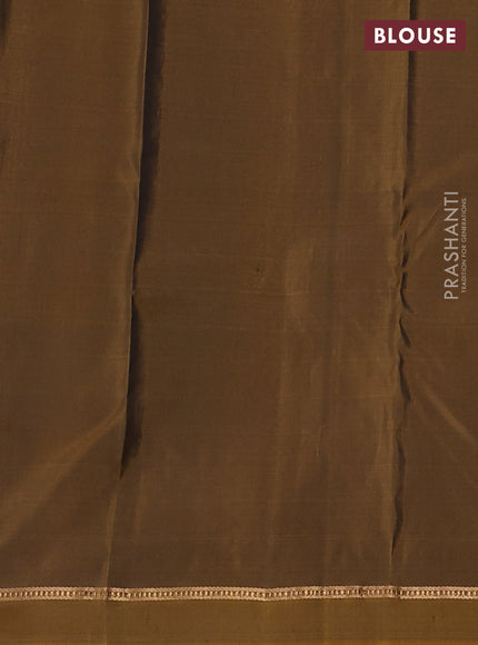 Pure kanchipuram silk saree bottle green and mustard yellow with allover zari woven buttas and zari woven simple border