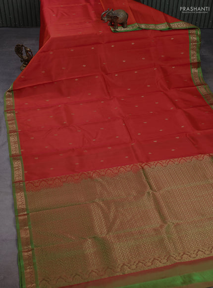 Pure kanchipuram silk saree orange and light green with zari woven buttas and small zari woven border