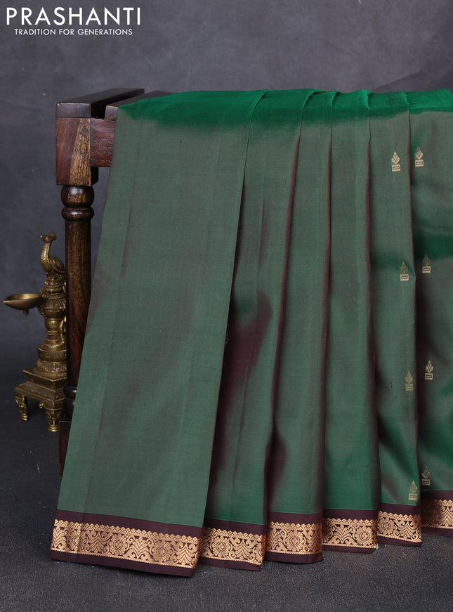 Pure kanchipuram silk saree green and coffee brown with zari woven buttas and small zari woven border