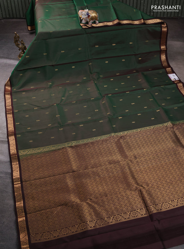 Pure kanchipuram silk saree green and coffee brown with zari woven buttas and small zari woven border