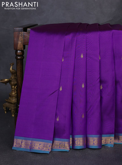 Pure kanchipuram silk saree purple and green with zari woven buttas and small zari woven border