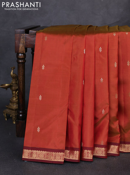 Pure kanchipuram silk saree rustic orange and maroon with allover zari woven buttas and small zari woven border