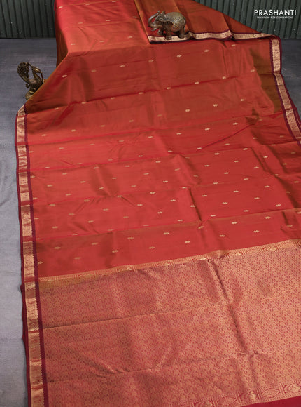 Pure kanchipuram silk saree rustic orange and maroon with allover zari woven buttas and small zari woven border