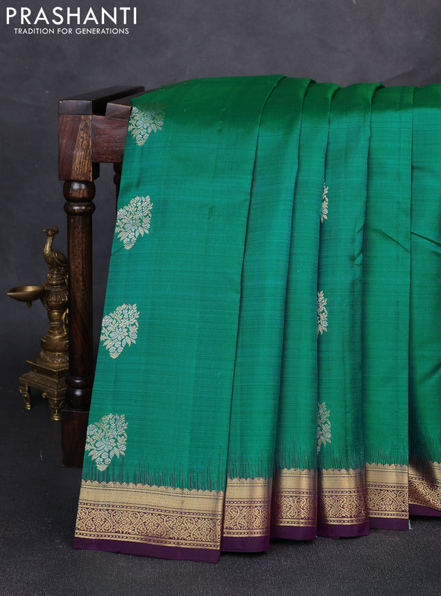 Pure kanchipuram silk saree teal green and purple with allover silver & zari woven buttas and zari woven border