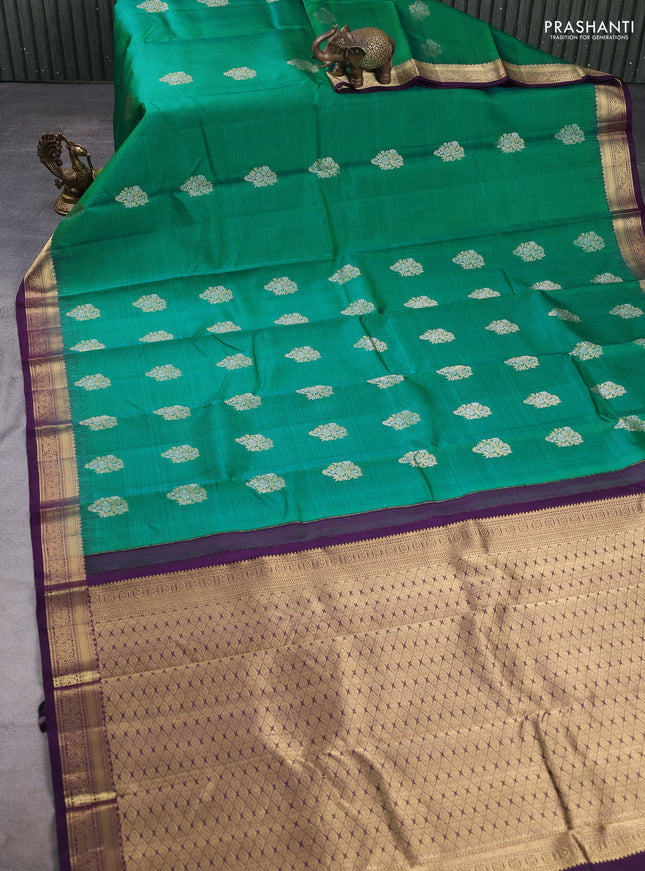Pure kanchipuram silk saree teal green and purple with allover silver & zari woven buttas and zari woven border