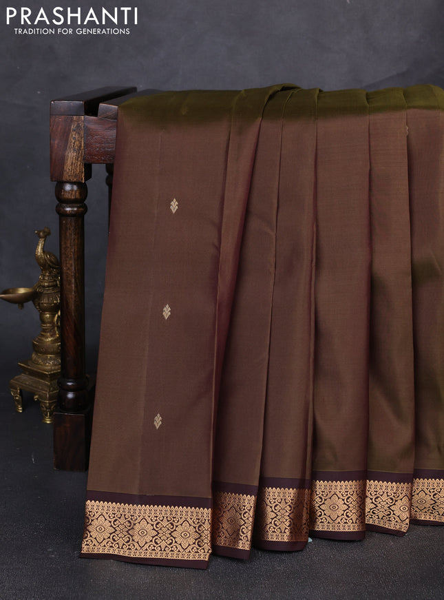Pure kanchipuram silk saree olive green and coffee brown with zari woven buttas and zari woven border