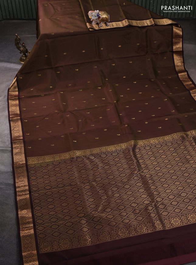 Pure kanchipuram silk saree olive green and coffee brown with zari woven buttas and zari woven border
