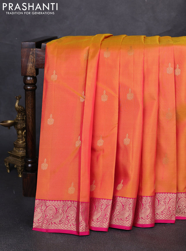 Pure kanchipuram silk saree sunset orange and pink with zari woven buttas and zari woven border