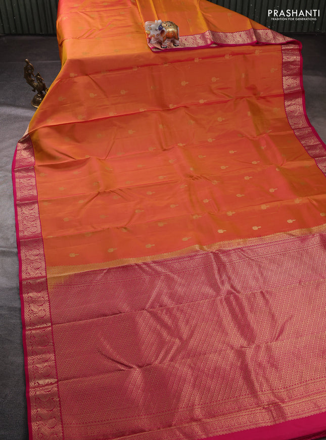 Pure kanchipuram silk saree sunset orange and pink with zari woven buttas and zari woven border