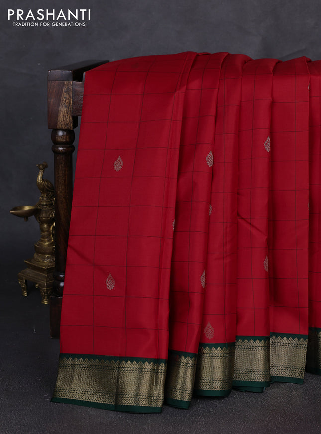 Pure kanchipuram silk saree red and bottle green with allover checks & zari woven buttas and zari woven border