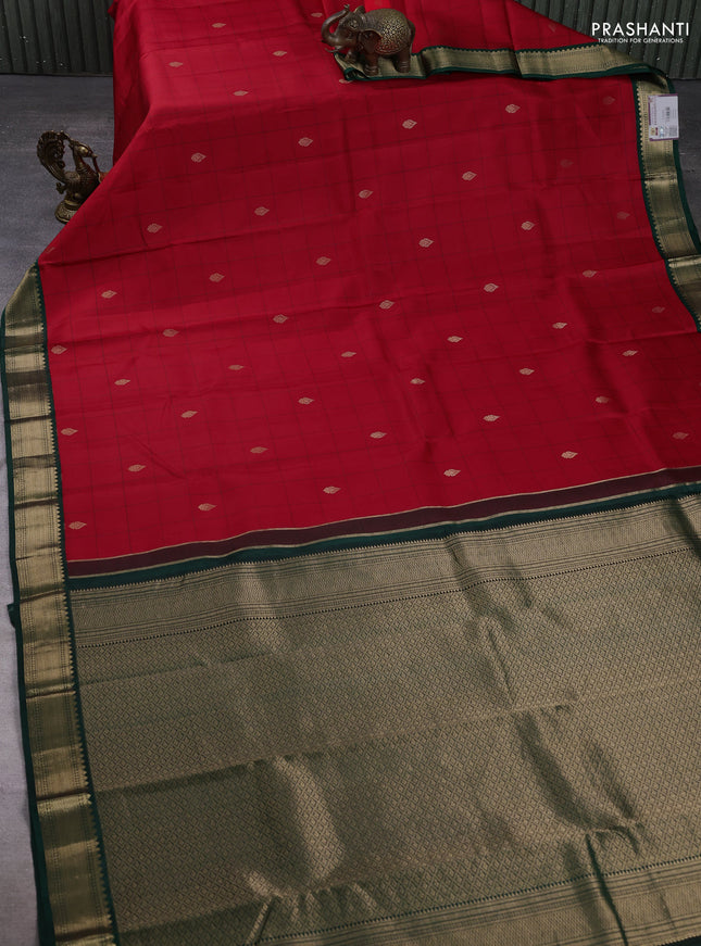 Pure kanchipuram silk saree red and bottle green with allover checks & zari woven buttas and zari woven border