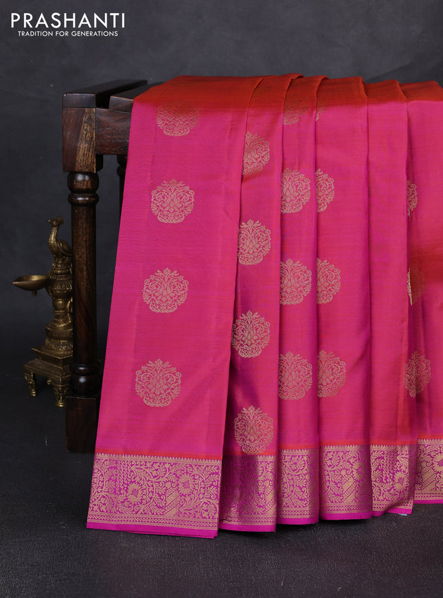 Pure kanchipuram silk saree dual shade of pink and pink with allover zari woven buttas and zari woven border