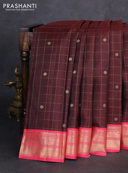 Pure kanchipuram silk saree coffee brown and peach pink with allover zari checks & buttas and zari woven border