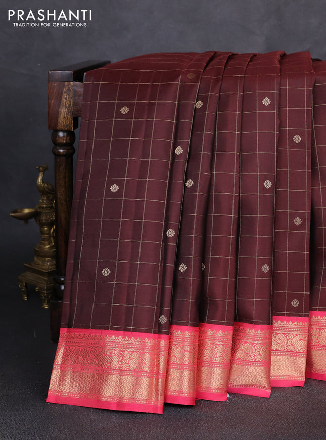 Pure kanchipuram silk saree coffee brown and peach pink with allover zari checks & buttas and zari woven border