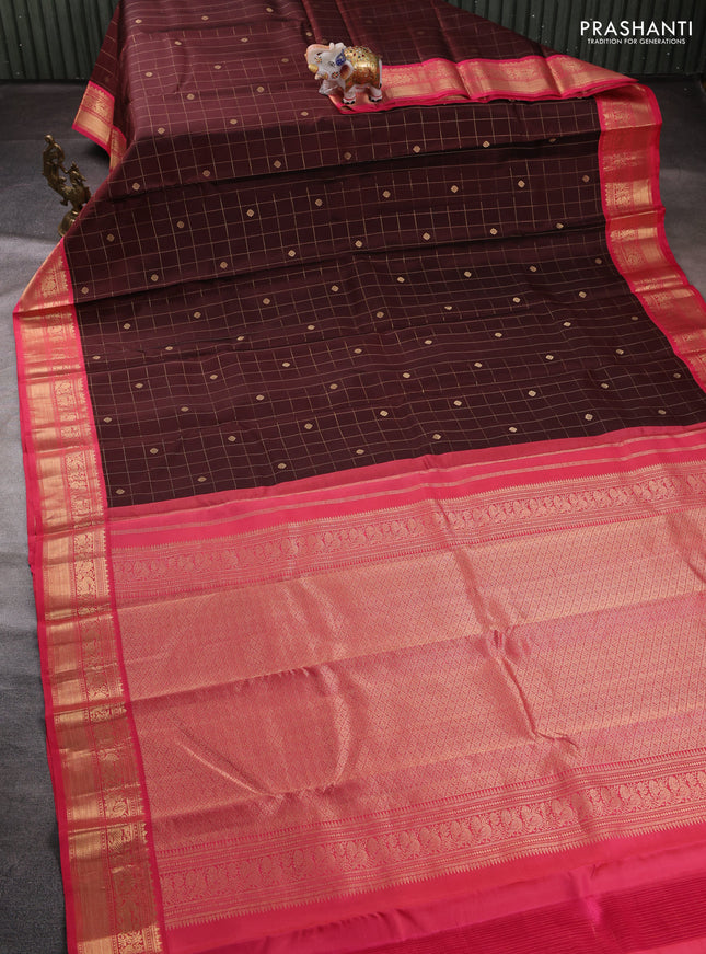 Pure kanchipuram silk saree coffee brown and peach pink with allover zari checks & buttas and zari woven border