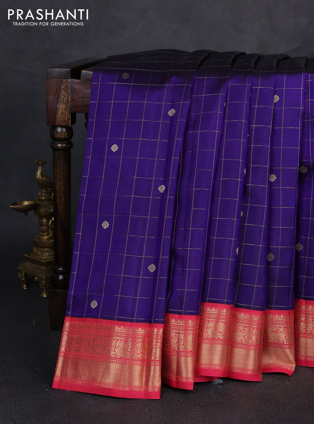 Pure kanchipuram silk saree blue and peach pink with allover zari checks & buttas and zari woven border
