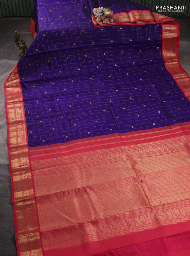 Pure kanchipuram silk saree blue and peach pink with allover zari checks & buttas and zari woven border