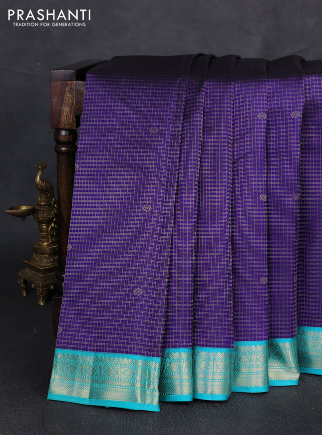 Pure kanchipuram silk saree violet and teal blue with allover zari checks & buttas and zari woven korvai border