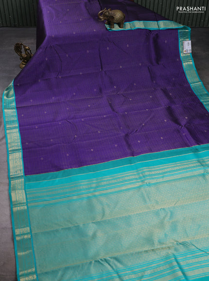 Pure kanchipuram silk saree violet and teal blue with allover zari checks & buttas and zari woven korvai border