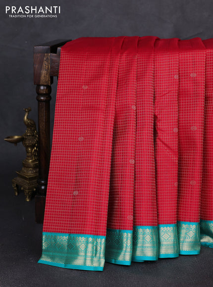 Pure kanchipuram silk saree red and teal blue with allover zari checks & buttas and zari woven korvai border