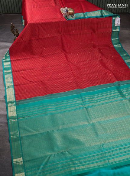 Pure kanchipuram silk saree red and teal blue with allover zari checks & buttas and zari woven korvai border