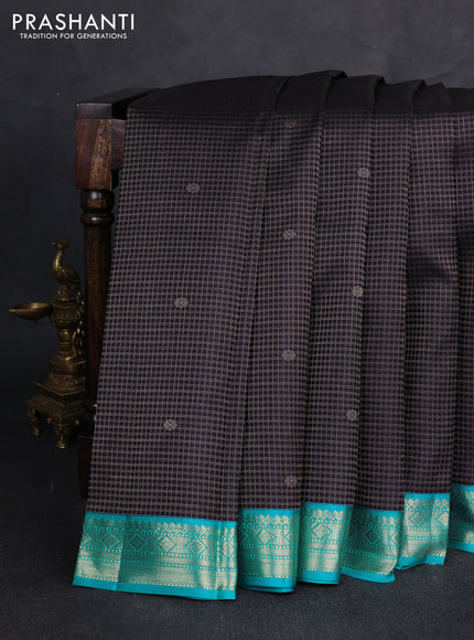 Pure kanchipuram silk saree jamun shade and teal blue with allover zari checks & buttas and zari woven korvai border