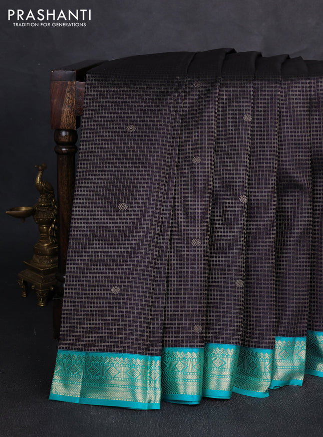 Pure kanchipuram silk saree jamun shade and teal blue with allover zari checks & buttas and zari woven korvai border